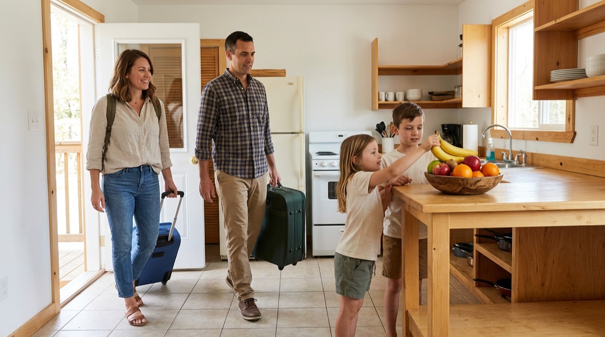 Family arriving at a vacation rental kitchen as the children reach for a bowl of fruit