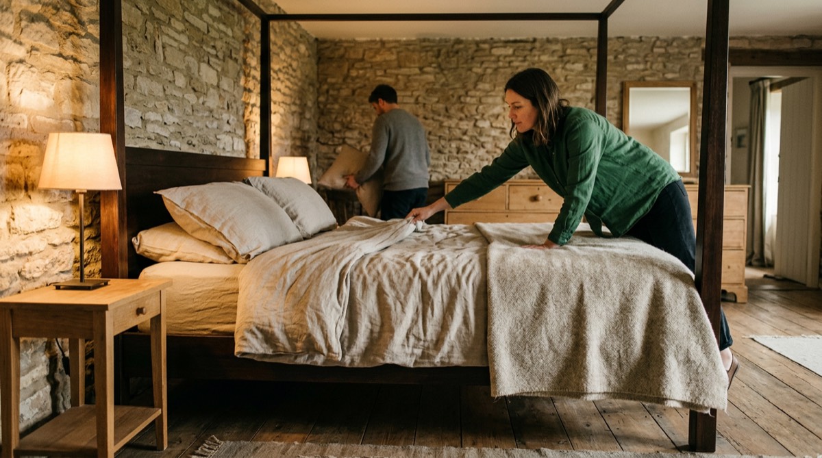 Woman smoothing a wool throw over a dark wooden bed in a stone-walled guest bedroom
