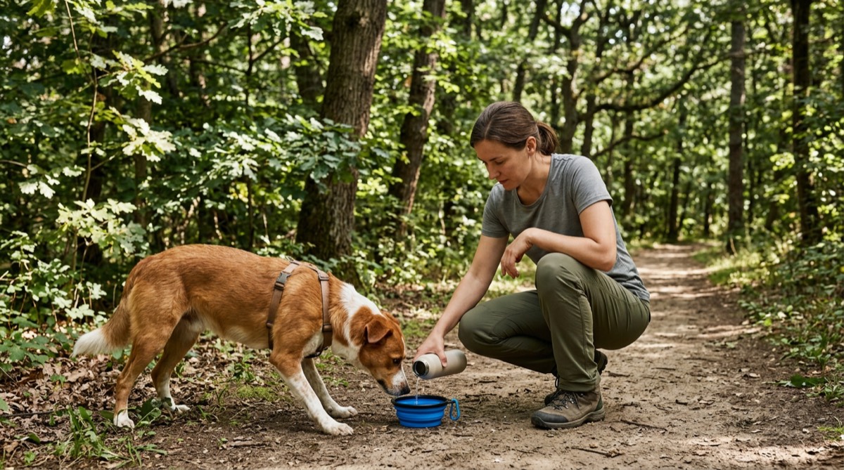 Woman pouring water into a collapsible bowl for her dog at a shady trailhead