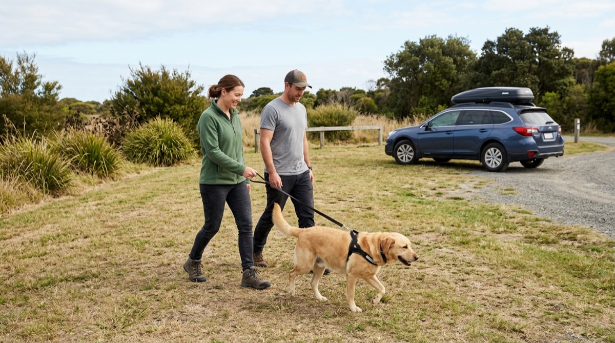 Couple walking their golden dog on a leash at a grassy rest stop beside their car