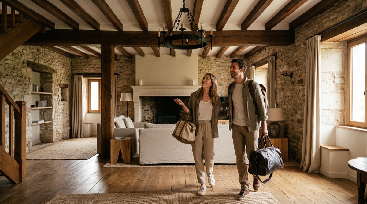 Couple with weekend bags arriving in a stone-walled rental living room with wooden beams