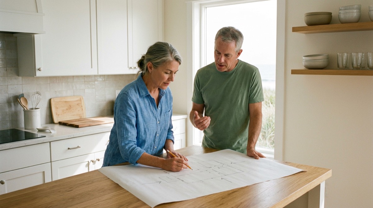 Couple sketching a vacation home floor plan on paper at a beach-house kitchen island