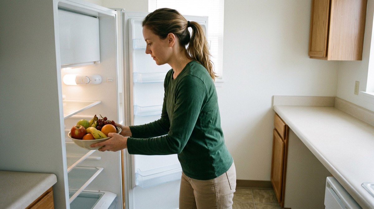 Woman placing a bowl of fresh fruit on a clean refrigerator shelf