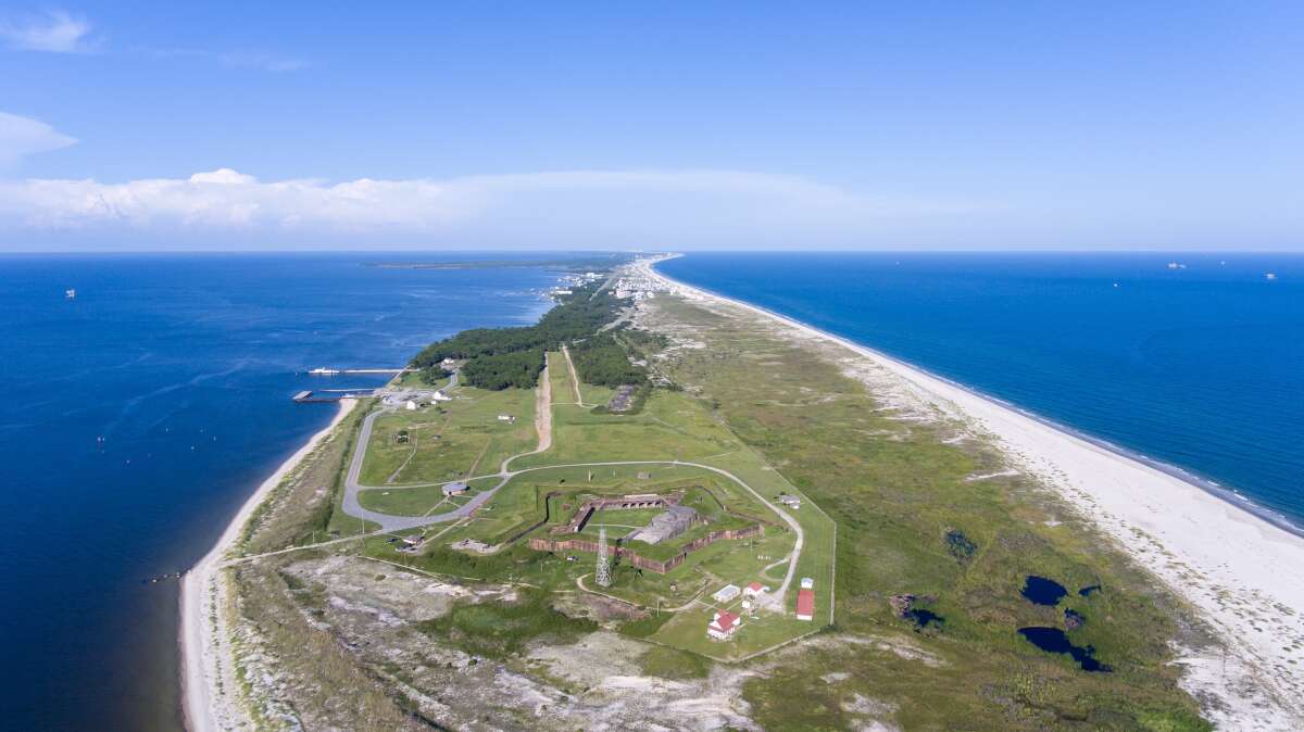Historic Fort Morgan Aerial View of Peninsula, Beaches, and Fort