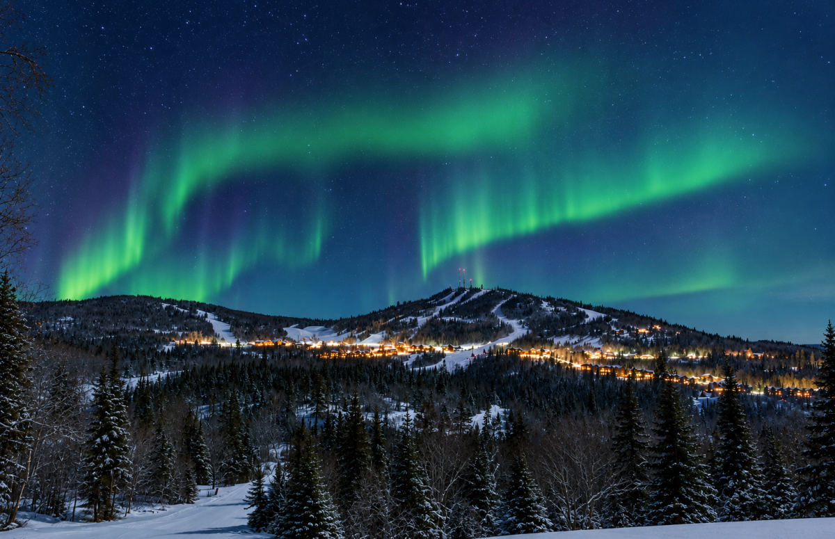 Northern Lights above the Lutsen Mountain Ski Resort in Minnesota