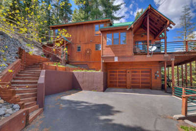 Driveway and main staircase into this cabin in north lake tahoe