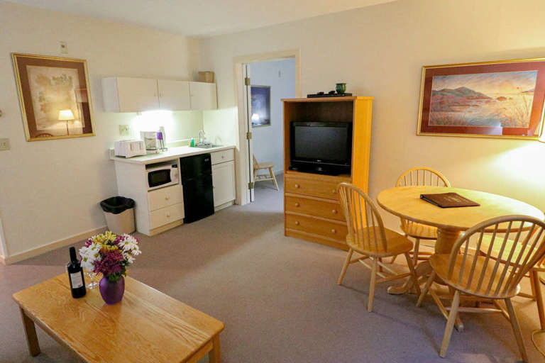 Spacious living room with kitchenette and dining area.