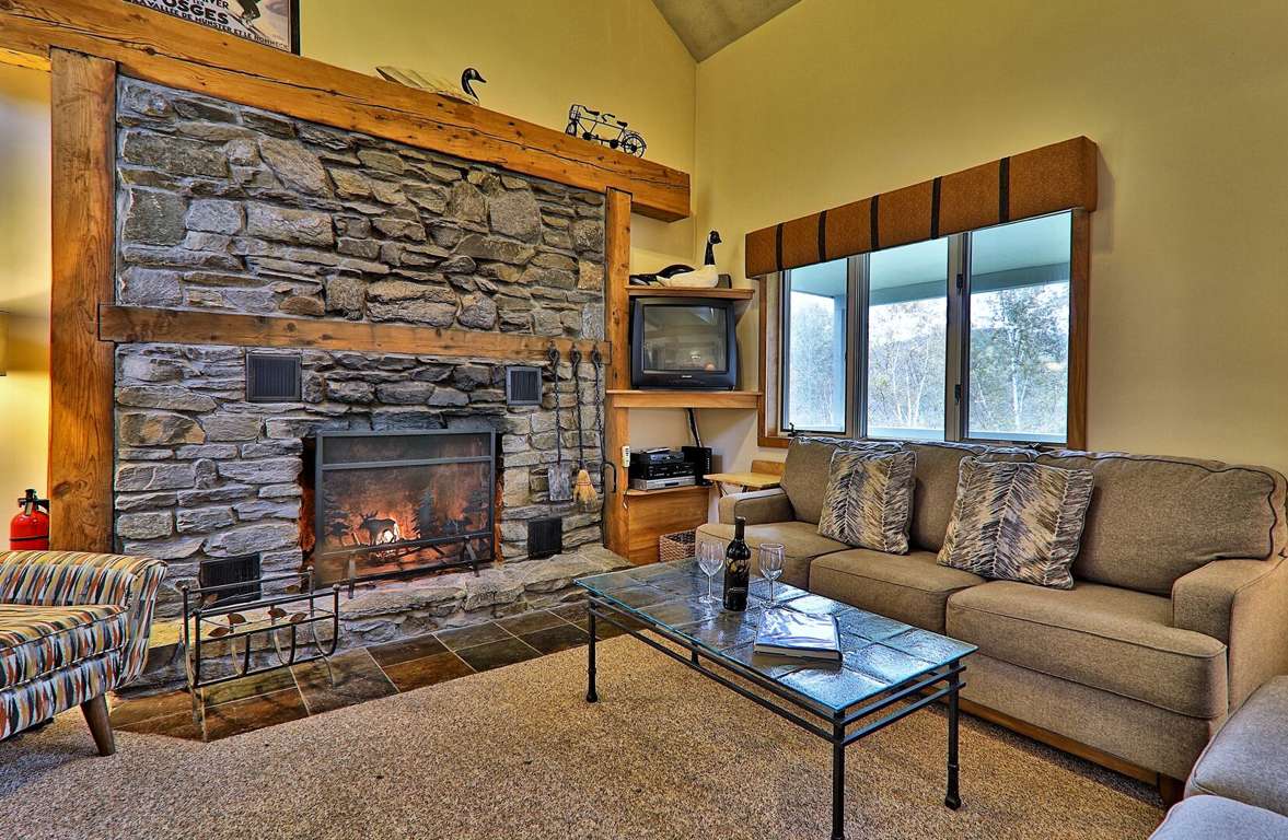 Large fieldstone fireplace to keep you warm even during Vermont's coldest days