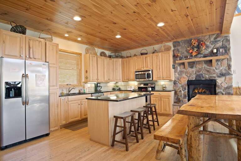 Kitchen--- Granite, Stainless Steel, Fireplace