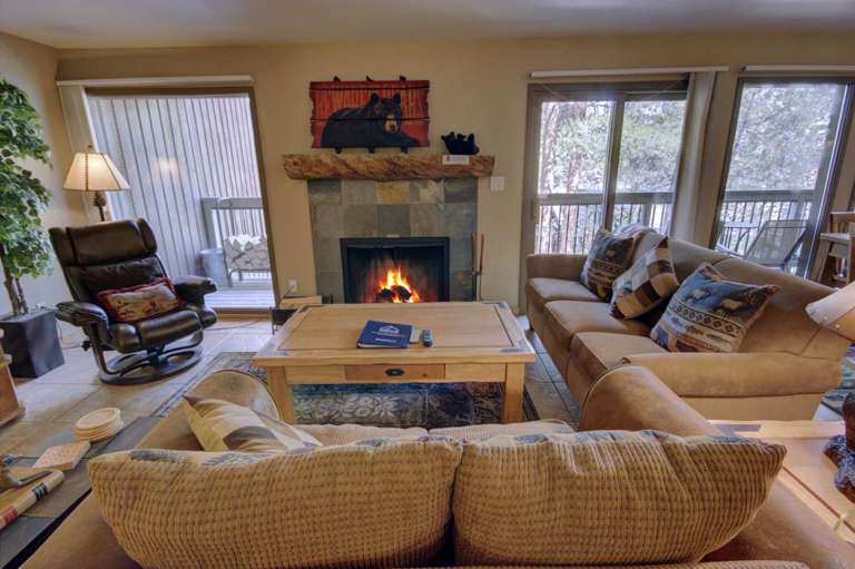Living room with cozy fireplace and relaxing couches